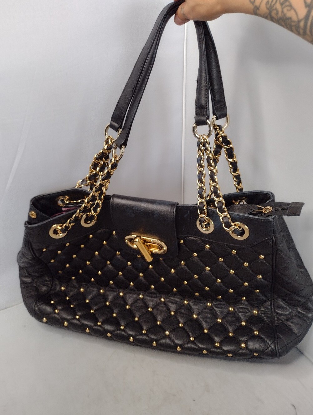 CLAUDIA FIRENZE Quilted Black Shoulder Tote Bag Purse Gold Chain Studded